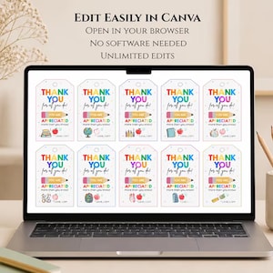 May include: A laptop displays printable teacher appreciation gift tags. Each tag features the words "Thank You" in rainbow colors, along with the message "You are appreciated more than you know!" and various school-themed graphics.