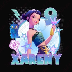 May include: A digital illustration featuring a young woman with dark hair and a teal top, holding a stylized object with a gold tassel. The image includes a blue cat, stars, a number 9, and the name "XARENY" in gradient text against a black background.