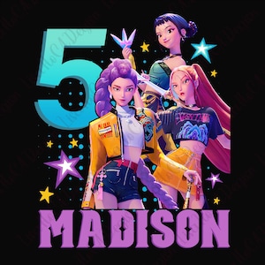 May include: A digital illustration featuring three stylized female figures with vibrant hair and stylish outfits. The number "5" in blue and the name "MADISON" in purple are prominent. Stars and decorative elements complete the design, set against a black background.