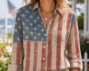 Vintage USA Flag Women's Blouse Linen Shirt, Patriotic American Blouse, 4th of July Outfit, Independence Day Button Up Shirt, Gifts for Her