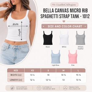 May include: A white Bella Canvas micro rib spaghetti strap tank top, model 1012, shown with a size and color chart. The chart displays black, white, athletic heather, light blue, and pink options with a table listing width and length in inches.