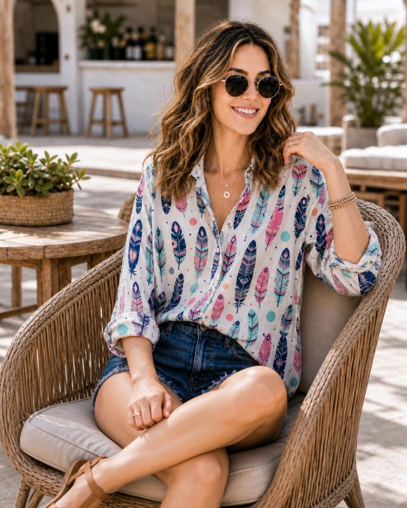 Minimal Boho Blouse Women, Neutral Print Shirt, Everyday Casual Outfit ...