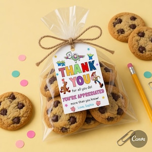 May include: A clear cellophane bag tied with twine, filled with chocolate chip cookies. A white tag with colorful text reads "THANK YOU" with cartoon characters. Additional cookies and a pencil are on a yellow surface.