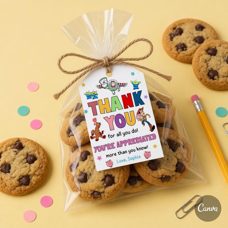 May include: A clear cellophane bag tied with twine, filled with chocolate chip cookies. A white tag with colorful text reads "THANK YOU" with cartoon characters. Additional cookies and a pencil are on a yellow surface.