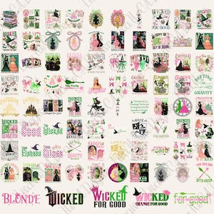 May include: A collection of pink, green, and black graphic designs featuring text and illustrations related to the musical "Wicked." Designs include witches, bows, and the words "Wicked" and "Defying Gravity."