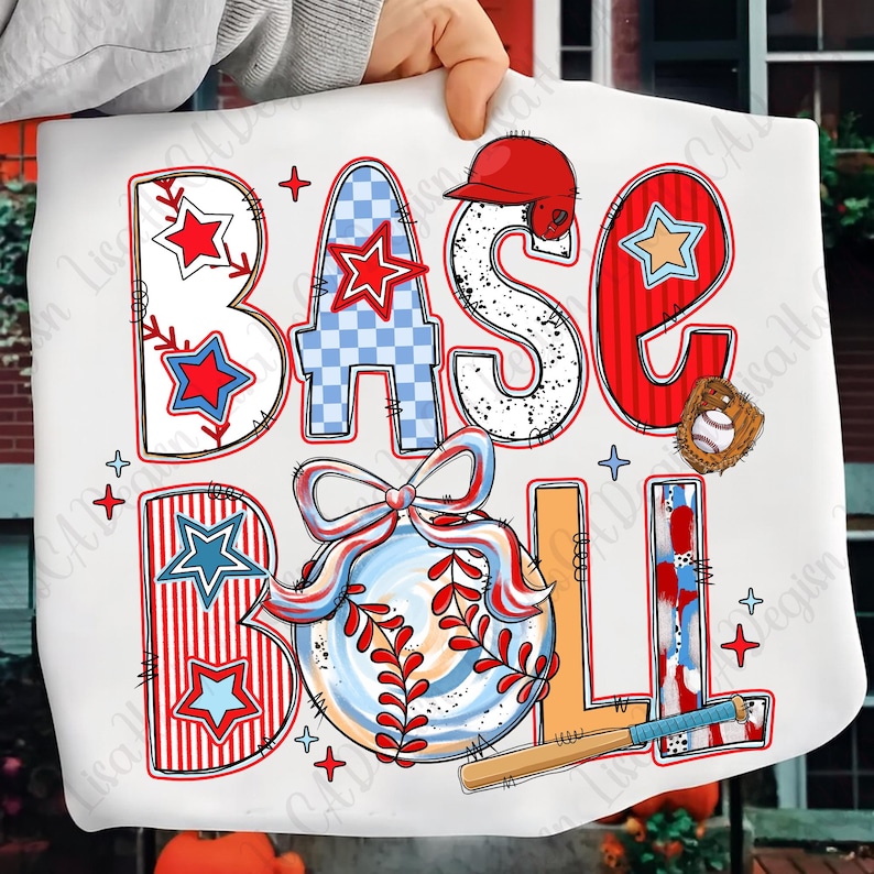 Może przedstawiać: Biały wz&oacute;r z motywem baseballu ze słowem "BASEBALL" w kolorze czerwonym, białym i niebieskim. Projekt zawiera piłkę do baseballu, kij, rękawicę i gwiazdy. Litery mają r&oacute;żne wzory, w tym paski i gwiazdy.