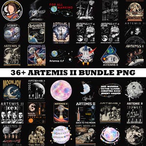 May include: A collection of Artemis II themed PNG graphics. The designs include images of rockets, astronauts, the moon, and the Earth. Text includes "Artemis II", "Back to the Moon", and "For All Mankind".
