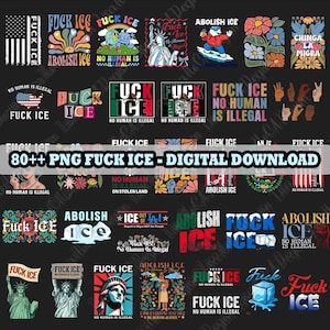 以下が含まれることがあります： 「FUCK ICE」と「ABOLISH ICE」のテキストが入ったデジタルダウンロードグラフィックのコレクション。自由の女神、アメリカ国旗、その他の抗議をテーマにしたイラストが含まれています。
