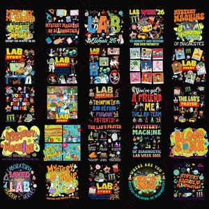 May include: A selection of vibrant graphic designs on a black backdrop. The designs incorporate text and illustrations linked to science, labs, and the phrase "Mystery Machine". The designs use a variety of colours and fonts.