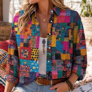 May include: A long-sleeved button-down shirt featuring a vibrant, multi-coloured patchwork pattern with quilted texture. The shirt displays a variety of small geometric and floral prints in shades of pink, yellow, blue, and orange, with a single chest pocket.