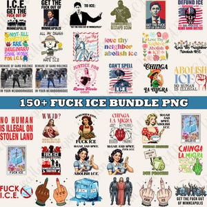 May include: A collection of digital graphics with anti-ICE messages. The designs feature various illustrations and text, including phrases like "Abolish ICE," "No Human Is Illegal," and "Get the Fuck Out of Minneapolis." The color palette includes red, white, and black.
