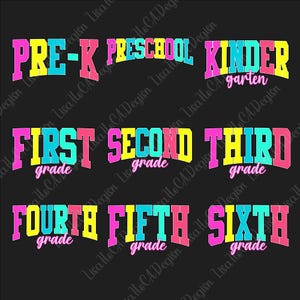 Retro Back to School PNG Neon Bundle, Coquette Kindergarten Pre-K 1st 2nd 3rd 4th Grade Png, Girly Pink Bow, Hand Drawn, Colorful Png