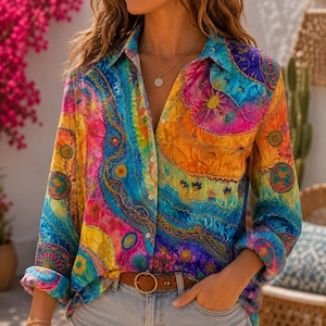 May include: A long-sleeved button-down shirt featuring a vibrant, multicolored abstract pattern in shades of bright pink, yellow, orange, and blue. The shirt has a classic collar, a front button placket, and a gold-toned pendant necklace.