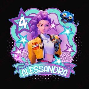 May include: A digital illustration featuring a woman with purple hair and a yellow jacket. The image includes the number 4, stars, and the name "Alessandra" on a banner. A blue cartoon cat is also present.