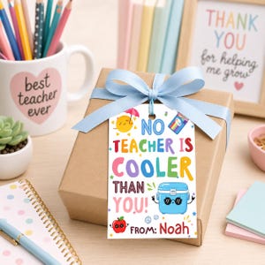 May include: A gift box wrapped in brown paper and tied with a light blue ribbon. A tag with the text "NO TEACHER IS COOLER THAN YOU! FROM: Noah" is attached. A mug with "best teacher ever" is in the background.