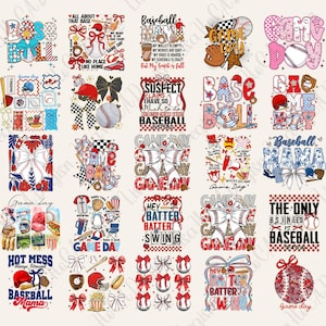 Może przedstawiać: Kolekcja wzor&oacute;w o tematyce baseballowej, z tekstem i grafiką. Projekty obejmują piłki do baseballu, kokardy i frazy takie jak "Game Day" i "Baseball Mama". Paleta kolor&oacute;w obejmuje czerwień, biel i błękit.
