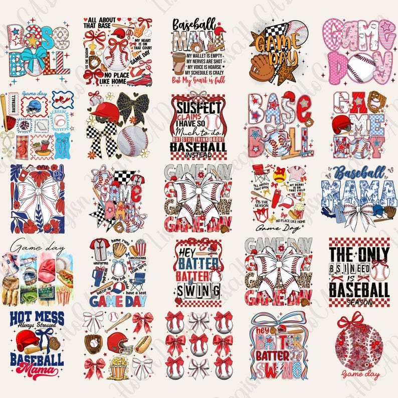 Może przedstawiać: Kolekcja wzor&oacute;w o tematyce baseballowej, z tekstem i grafiką. Projekty obejmują piłki do baseballu, kokardy i frazy takie jak "Game Day" i "Baseball Mama". Paleta kolor&oacute;w obejmuje czerwień, biel i błękit.