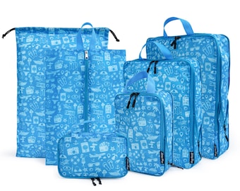 6 Set Compression Packing Cubes for Travel - Lightweight Travel Organizers Made from Recycled Polyester, Machine Washable (Blue Vacation)