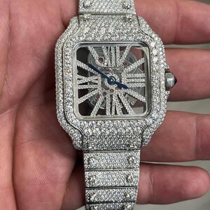 GRA-gecertificeerd VVS Moissanite-horloge, 41 mm Cartier-skelet met verhoogde solitaire tanden op band, horloge met automatisch uurwerk, bustdown-horloge