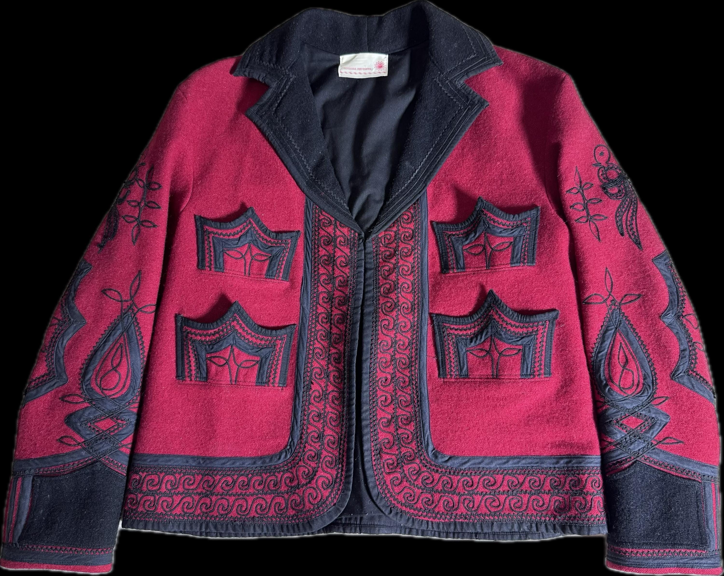 Vintage Guatemalan Solola Wool Embroidered Jacket Red & Black