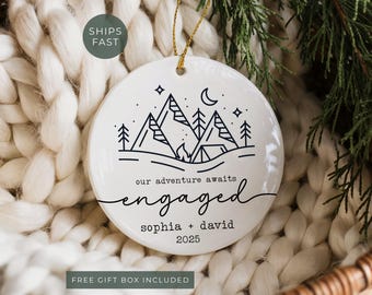 Personalized Engagement Ornament Mountain Custom Engaged Christmas Ornament Gift for Engaged Couple Keepsake Nature Camping Forest Engaged