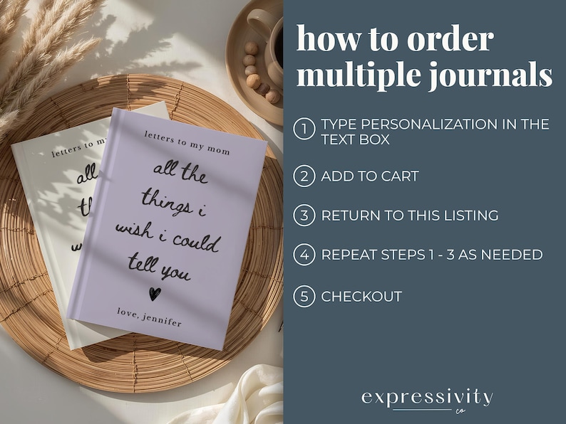 May include: Two journals, one lavender and one white, are displayed on a woven tray. The lavender journal reads "letters to my mom" and "all the things I wish I could tell you." Instructions on how to order multiple journals are also shown.