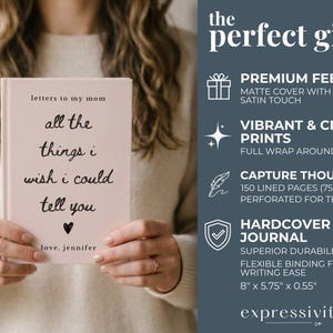 May include: A hardcover journal with the text "letters to my mom all the things I wish I could tell you" in black script. The journal is light pink and measures 8" x 5.75" x 0.55". The journal is held by a person.