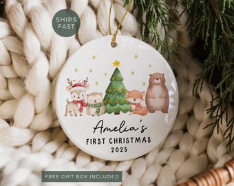 Babys First Christmas Ornament 2025, Personalized Woodland Animal Ornament Gift for Newborn Baby's 1st Christmas Keepsake Gift for New Baby