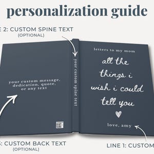 May include: Open navy blue journal with white handwritten text reading "letters to my mom, all the things I wish I could tell you, love, amy." The journal is open to display the inside pages. The cover has text that reads "personalization guide."