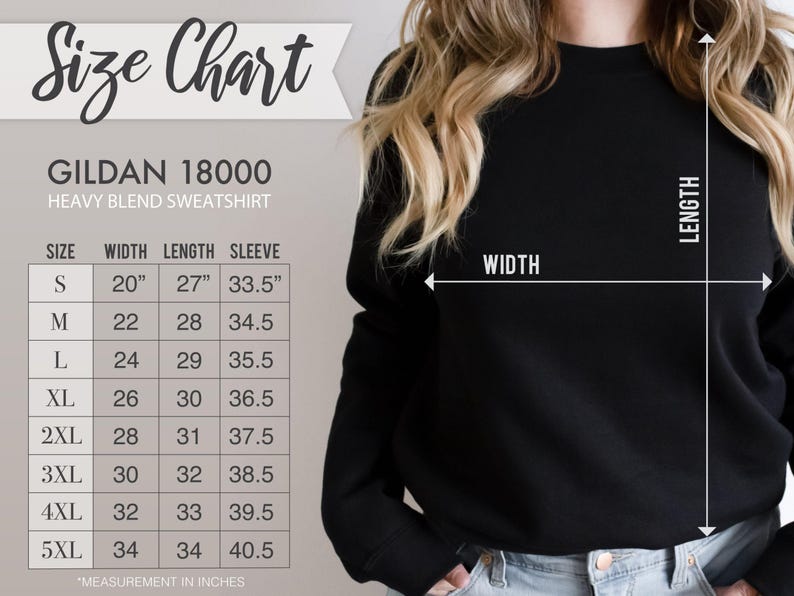 May include: Size chart for Gildan 18000 heavy blend sweatshirt. The chart shows measurements in inches for width, length, and sleeve length for sizes S through 5XL.