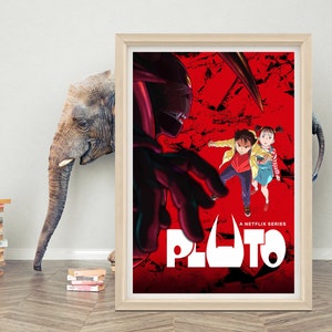 May include: Framed poster with anime characters on a red background. The poster displays the word "PLUTO" in white, with "A NETFLIX SERIES" underneath. The frame is light-coloured, and the poster is propped against a white wall.