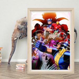 Könnte beinhalten: Eine farbenfrohe Illustration mit einer Gruppe von Superhelden und Comicfiguren, darunter Captain America, Iron Man, Wolverine, Deadpool und andere. Die Figuren sind in einer dynamischen Pose dargestellt, vor einem roten und orangenen Hintergrund.
