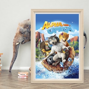 Puede incluir: Un póster para la película animada Alpha y Omega, con una familia de lobos en una balsa en un río. El título de la película está en letras grandes y amarillas.