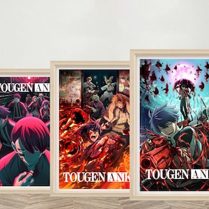 Puede incluir: Tres impresiones artísticas de anime enmarcadas. Cada impresión presenta una escena de acción diferente con personajes en poses dinámicas, colores vibrantes y el texto "TOUGEN ANKI" en la parte inferior. Los marcos son de madera de color claro.