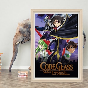 May include: A poster featuring characters from the anime series Code Geass: Lelouch of the Rebellion. The poster is black and white with a red and green background. The characters are Lelouch Lamperouge, C.C., and Suzaku Kururugi. The text on the poster reads "Code Geass: Lelouch of the Rebellion".