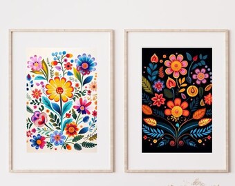 Folk Art Fusion: 2 Floral Wall Art Prints | Vibrant Mexican & American Decor | Printable Wall Art |  Mexican Folk Art | Home Decor