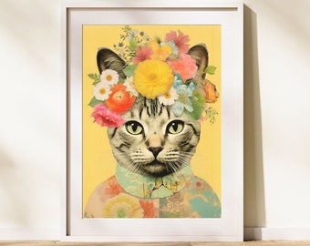 Cat Wall Art | Printable | Collage Cat Art | Floral Pop Art| Digital Wall Art