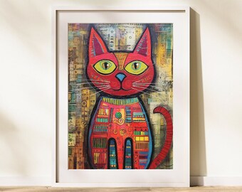 Whimsical Cat Art Print| Printable Wall Art | Qajar Inspired Digital Wall Art | Instant Download Wall Art | Home Decor