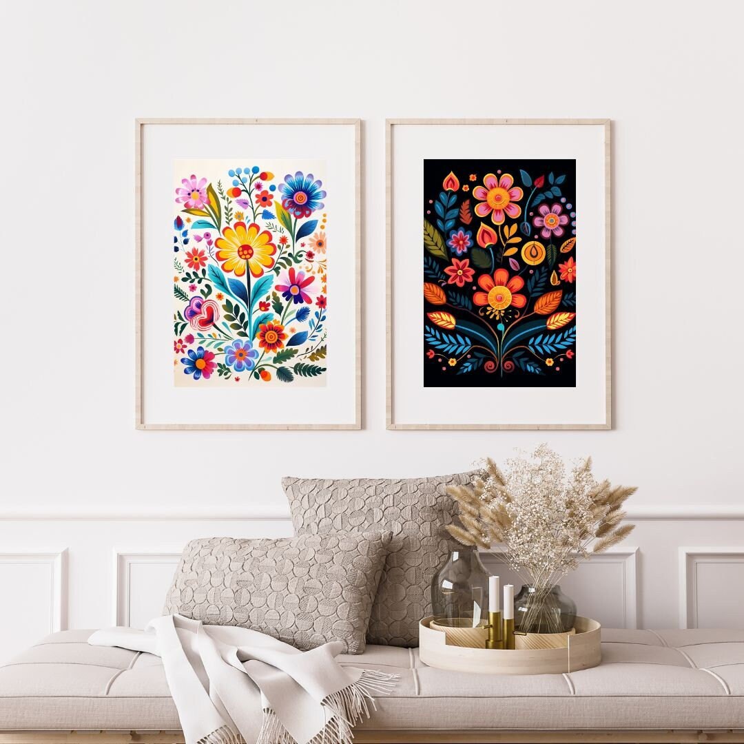Printable Folk Art Fusion Wall Art Vibrant Floral Art Mexican Folk Art
