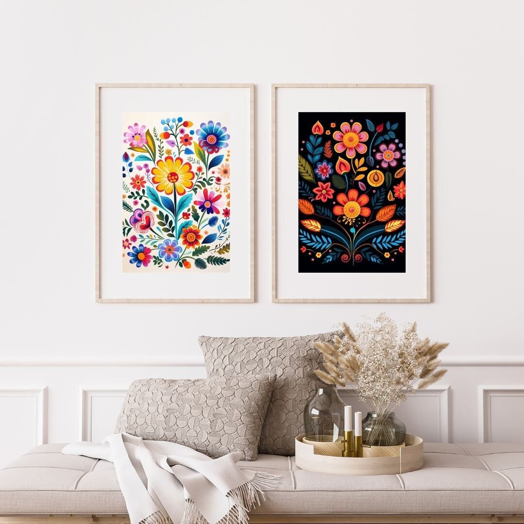 Folk Art Fusion: 2 Floral Wall Art Prints | Vibrant Mexican & American ...