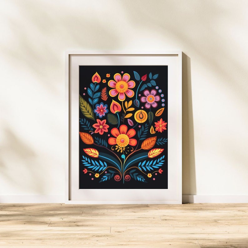 Printable Folk Art Fusion Wall Art Vibrant Floral Art Mexican Folk Art