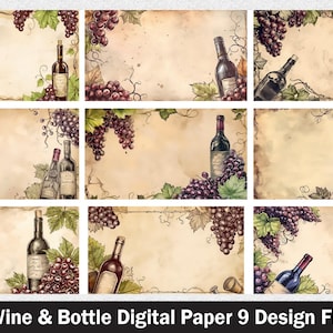 Printable Junk Journal Kit wine glass grapes Journal, Printable Junk Journal Papers Cards wine bottle paper, Digital Download, wine png