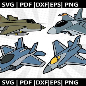 Pode incluir: Quatro ilustrações de desenhos animados de caças a jato em verde-oliva, cinza e azul com contornos pretos. A parte superior e inferior da imagem incluem o texto "SVG | PDF | DXF | EPS | PNG".