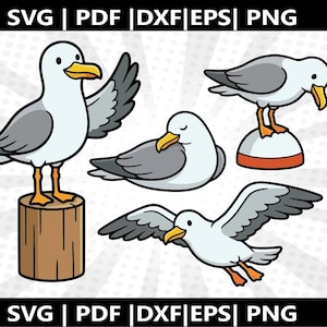 Könnte beinhalten: Eine Sammlung von Cartoon-Möwen in verschiedenen Posen. Eine steht auf einem Holzpfosten, eine andere ruht sich aus und eine dritte ist im Flug. Die Vögel sind weiß und grau mit gelben Schnäbeln und Füßen. Der Text "SVG | PDF | DXF | EPS | PNG" ist enthalten.