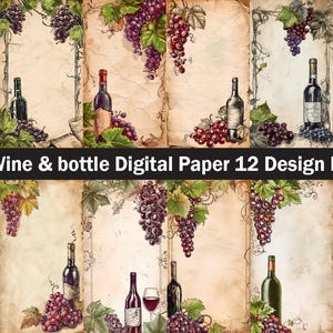 Printable Junk Journal Kit wine glass grapes Journal, Printable Junk Journal Papers Cards wine bottle paper, Digital Download, wine png