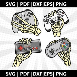 May include: Four illustrations of video game controllers held by skeleton hands. The controllers are in various styles, including a classic NES controller and a modern gamepad. The image includes the text "SVG | PDF | DXF | EPS | PNG".
