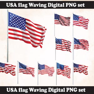 Könnte beinhalten: Ein digitales PNG-Set mit mehreren wehenden amerikanischen Flaggen. Die Flaggen haben einen blauen Kanton mit weißen Sternen und rot-weißen Streifen. Der Text "USA flag Waving Digital PNG set" ist oben und unten im Bild zu sehen.