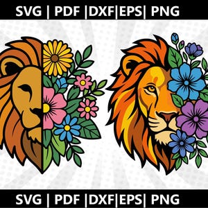 Pode incluir: Dois designs de cabeça de leão com detalhes florais. Um leão é dividido verticalmente, com metade do rosto e metade das flores em amarelo, rosa e azul. O outro leão tem um rosto completo com tons de laranja e amarelo, rodeado por flores azuis e roxas. A imagem inclui o texto "SVG | PDF | DXF | EPS | PNG".