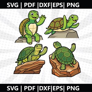 May include: Four cartoon turtles in various poses, each with a green body and a brown shell. They are depicted on rocks, with the text "SVG | PDF | DXF | EPS | PNG" at the top and bottom of the image.