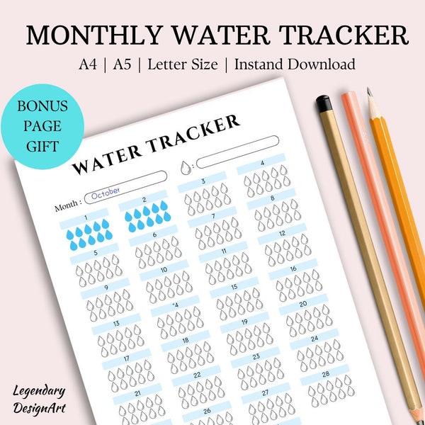 Water Tracker, Printable Monthly Water Tracker,Water, Hydration Tracker, Intake Tracker, 31 Day Water Challenge, A4/A5/Letter